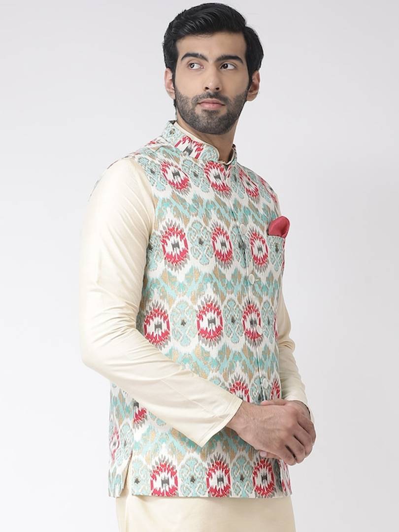 Men's Turquoise Cotton
 Printed Nehru Jackets
